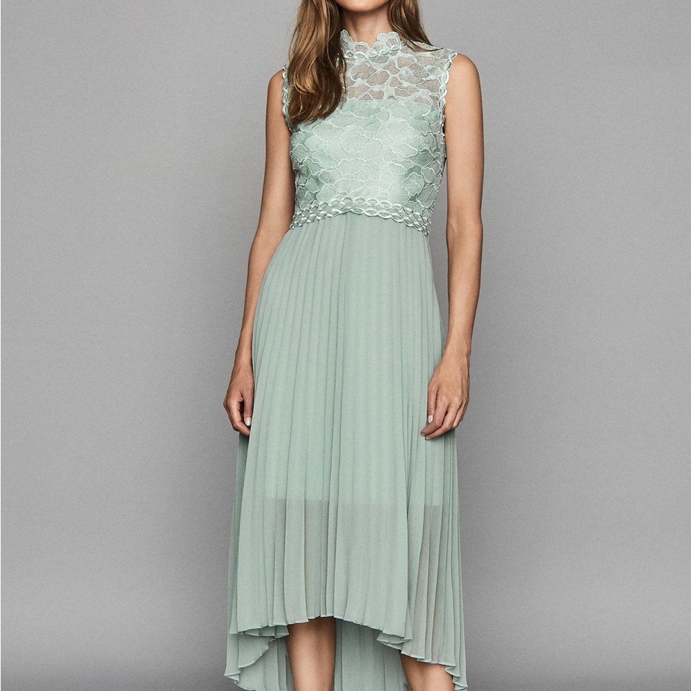 Reiss aideen mint pleated midi dress wedding high low lace